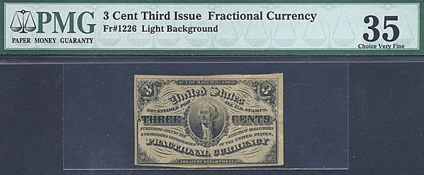 image for: Fractional Currency: Fr.1226  3-Cent Head of George Washington. PMG VF35  [1051406016]