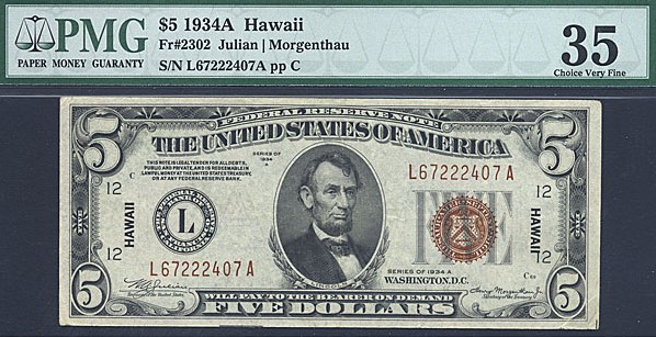 image for: Fr.2302 1934A $5 Hawaiian PMG VF35  [L67222407A]