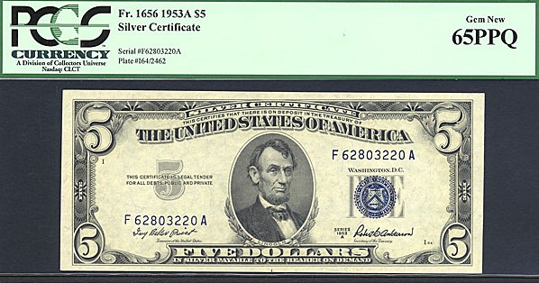 image for: Fr.1656 1953A $5  PCGS Gem CU65 PPQ [F62803220A]