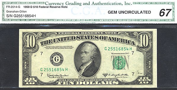 image for: Fr.2014G 1950D $10 Dark Green Seal CGA Gem CU67  [G25516854H]