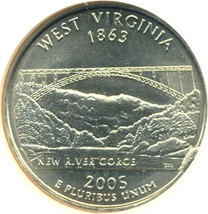 image for: 2005-P 25c West Virginia NGC MS65 Reverse Die Break @ 4:00