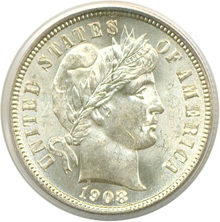 image for: 1908 10c  PCGS MS64 