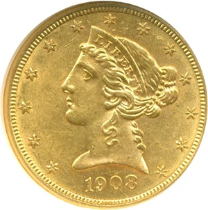 image for: 1908 $5 Liberty NGC AU58