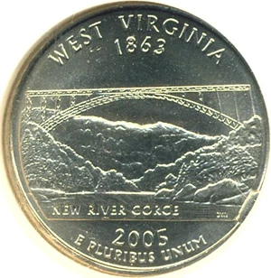 image for: 2005-P 25c West Virginia NGC MS65 Reverse Die Break @ 4:00