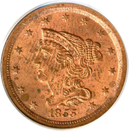 image for: 1855 1/2c  PCGS MS62 RD