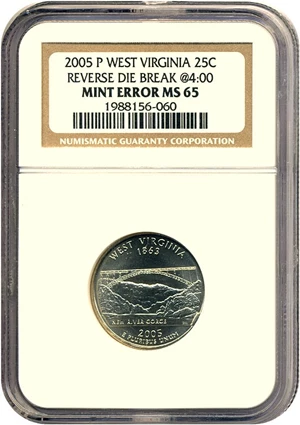 image for: 2005-P 25c West Virginia NGC MS65 Reverse Die Break @ 4:00