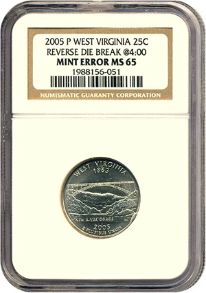 image for: 2005-P 25c West Virginia NGC MS65 Reverse Die Break @ 4:00