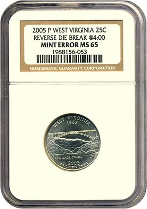 image for: 2005-P 25c West Virginia NGC MS65 Reverse Die Break @ 4:00