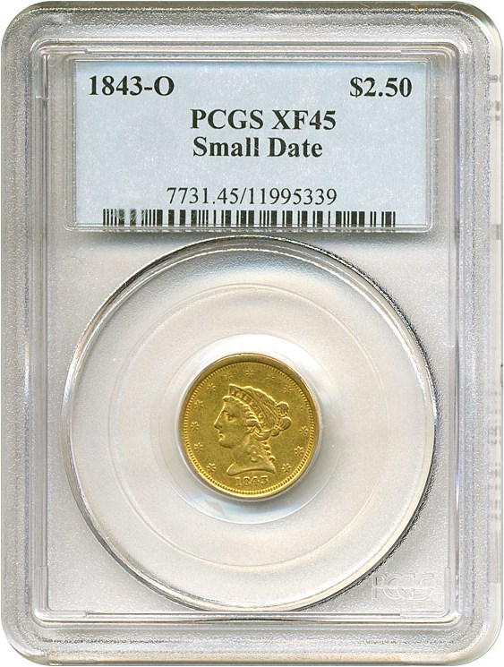 image for: 1843-O $2 1/2 Small Date PCGS XF45