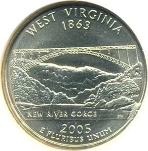 image for: 2005-P 25c West Virginia NGC MS65 Reverse Die Break @ 4:00