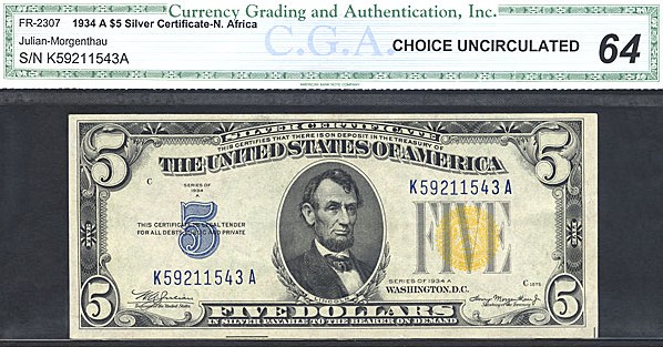 image for: Fr.2307 1934A $5 North Africa CGA Choice CU64  [K59211543A]