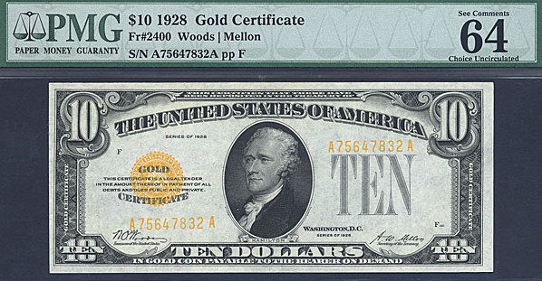 image for: Fr.2400 1928 $10 Gold Seal and Serial Numbers PMG Choice CU64 EPQ  [A75647832A]