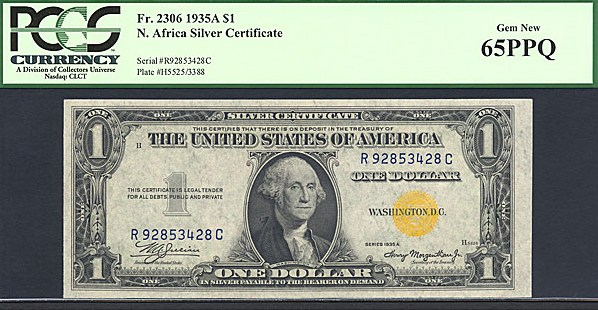 image for: Fr.2306 1935A $1 North Africa PCGS Gem CU65 PPQ [R92853428C]