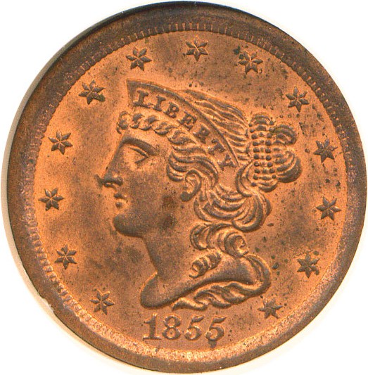 image for: 1855 1/2c  NGC MS63 RD (C-1)
