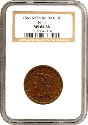 image for: 1846 1c Medium Date NGC MS64 BN (N-11)
