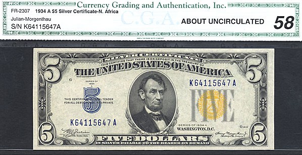 image for: Fr.2307 1934A $5 North Africa CGA AU58  [K64115647A]