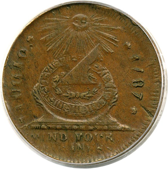 image for: 1787 Fugio UNITED STA, 4 Cinq PCGS AU50 BN