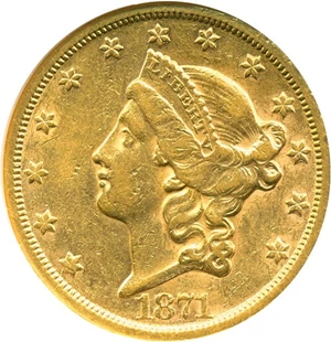 image for: 1871-S $20 NGC AU55