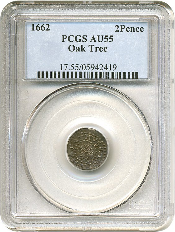 image for: 1662 2 Pence Oak Tree PCGS AU55 