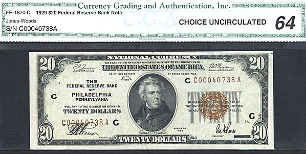 image for: Fr.1870C 1929 $20 Philadelphia CGA Choice CU64  [C00040738A]