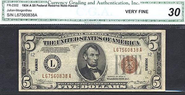 image for: Fr.2302 1934A $5 Hawaiian CGA VF30  [L67560838A]