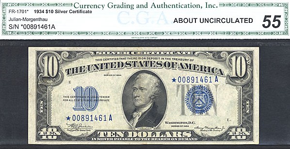 image for: Fr.1701 1934 $10 Blue Seal and Serial Numbers CGA AU55  [00891461A] *Star* 