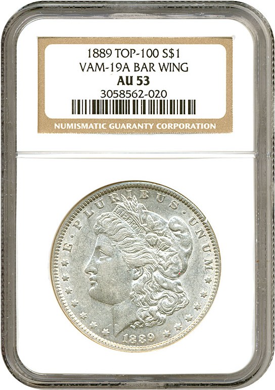 image for: Top 100 VAM: 1889 $1 VAM 19A  Bar Wing NGC AU53