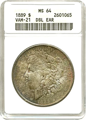 image for: Hot 50 VAM: 1889 $1 VAM 21 Doubled Ear ANACS MS64