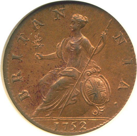 image for: Great Britain: 1752 1/2 D  NGC MS64 RB (Spink-3719)