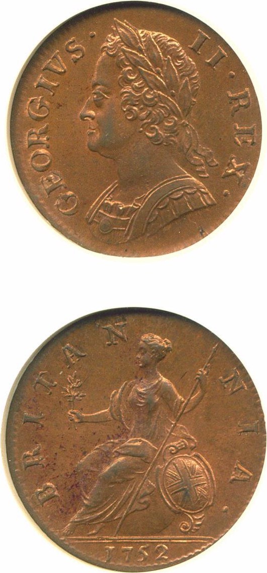 image for: Great Britain: 1752 1/2 D  NGC MS64 RB (Spink-3719)