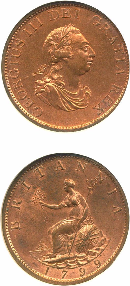 image for: Great Britain: 1799 1/2 D  NGC MS64 RD (Spink-3778)