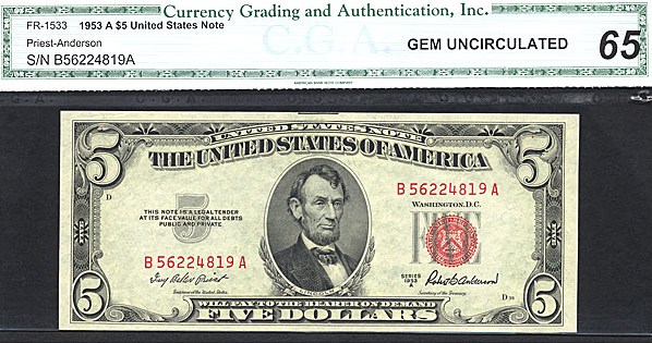image for: Fr.1533 1953A $5  CGA Gem CU65  [B56224819A]