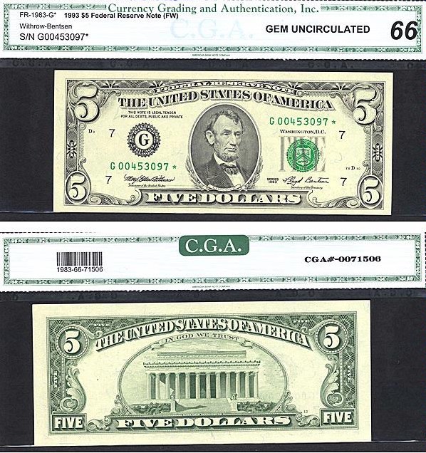 image for: Fr.1983G 1993 $5 Fort Worth, TX CGA Gem CU66  [G00453097] *Star* 