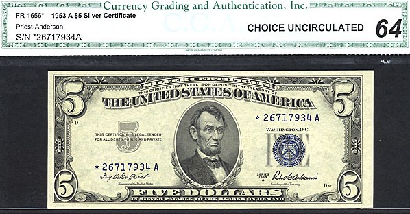 image for: Fr.1656 1953A $5  CGA Choice CU64  [26717934A] *Star* 