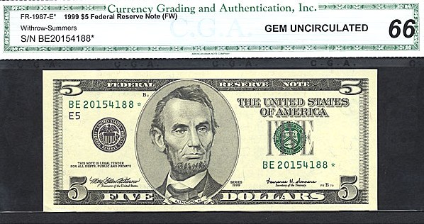 image for: Fr.1987E 1999 $5 Fort Worth, TX CGA Gem CU66  [BE20154188] *Star* 