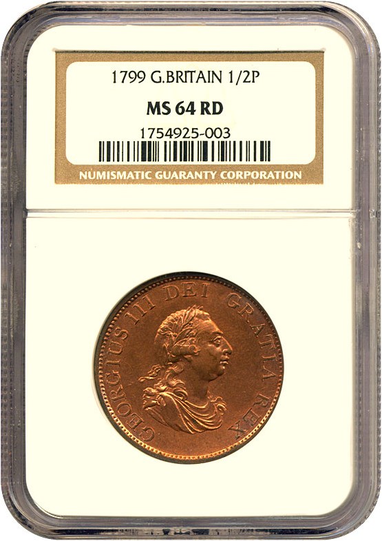 image for: Great Britain: 1799 1/2 D  NGC MS64 RD (Spink-3778)