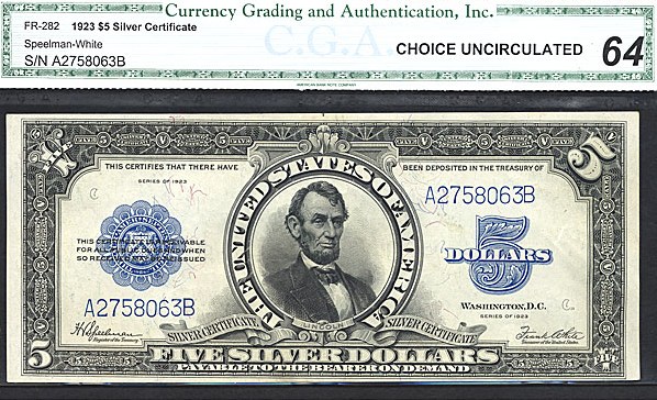 image for: Fr.282 1923 $5 Porthole CGA Choice CU64  [A2758063B]