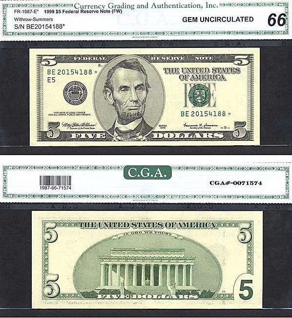 image for: Fr.1987E 1999 $5 Fort Worth, TX CGA Gem CU66  [BE20154188] *Star* 