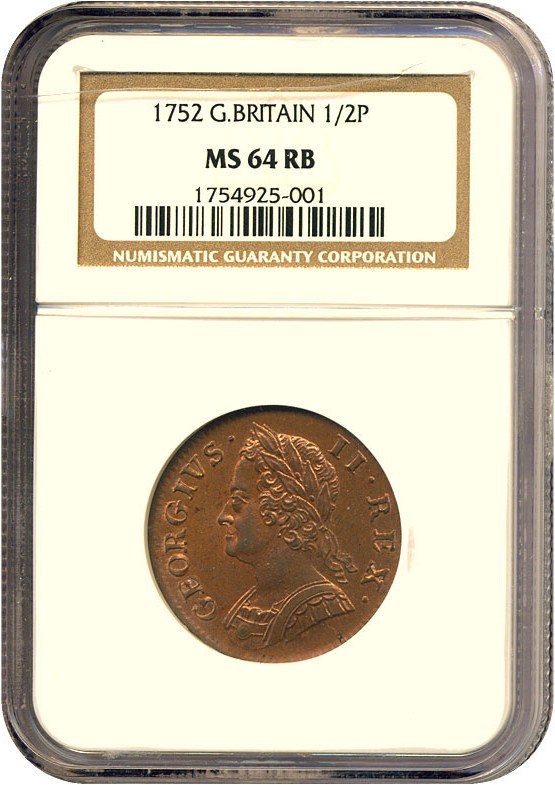 image for: Great Britain: 1752 1/2 D  NGC MS64 RB (Spink-3719)