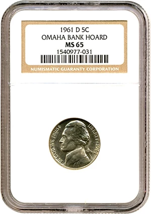 image for: 1961-D 5c NGC MS65 ex: Omaha Bank Hoard