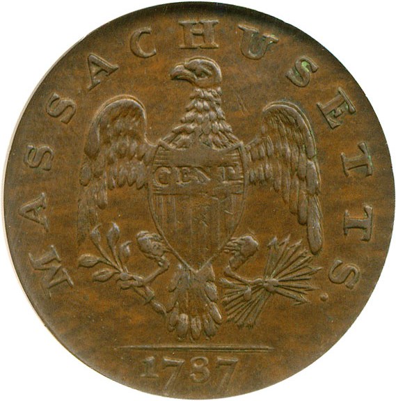 image for: 1787 Cent Massachusetts, Arrows in Left Claw NGC MS62 BN