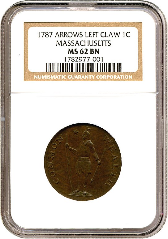 image for: 1787 Cent Massachusetts, Arrows in Left Claw NGC MS62 BN