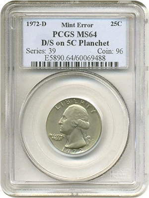 image for: 1972-D 25c PCGS MS64 - D/S on 5c Planchet