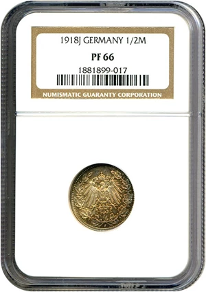 image for: Germany: 1918 J 1/2 Mk NGC Proof 66 * Color *