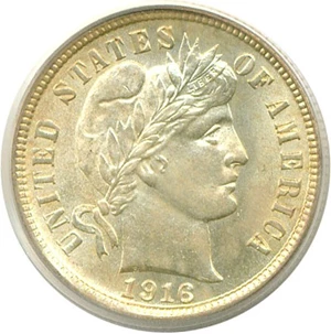 image for: 1916 10c Barber PCGS MS65