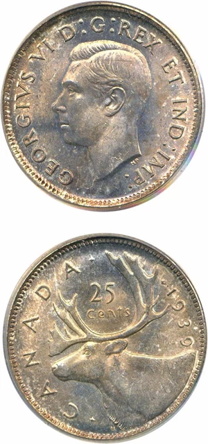 image for: Canada: 1939 25C PCGS MS65