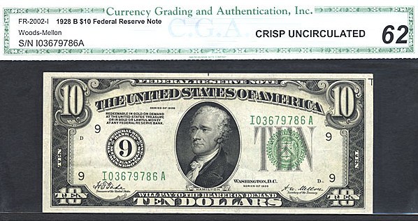 image for: Fr.2002I 1928B $10  CGA CU62  [I03679786A]