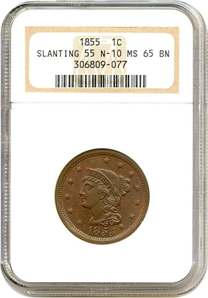 image for: 1855 1c Slanted 55 NGC MS65 BN (N-10)