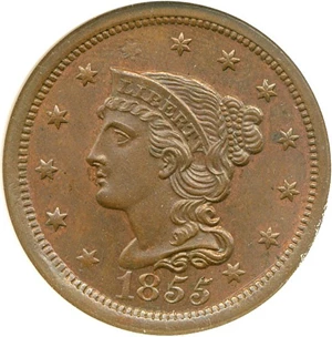 image for: 1855 1c Slanted 55 NGC MS65 BN (N-10)