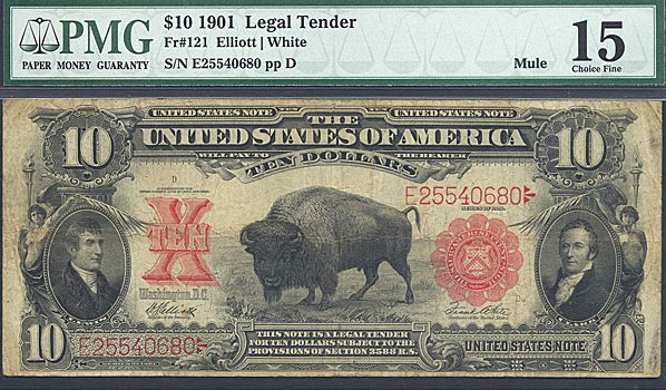 image for: Fr.121 1901 $10 Bison PMG F15 - John Burke Back Plate #327 [E25540680]